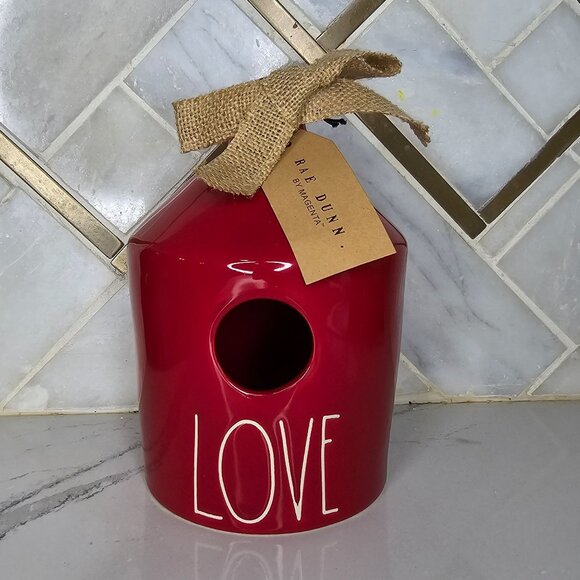 Rae Dunn NWT Red Ceramic Birdhouse With Burlap Ribbon Love Artisan - Picture 6 of 8